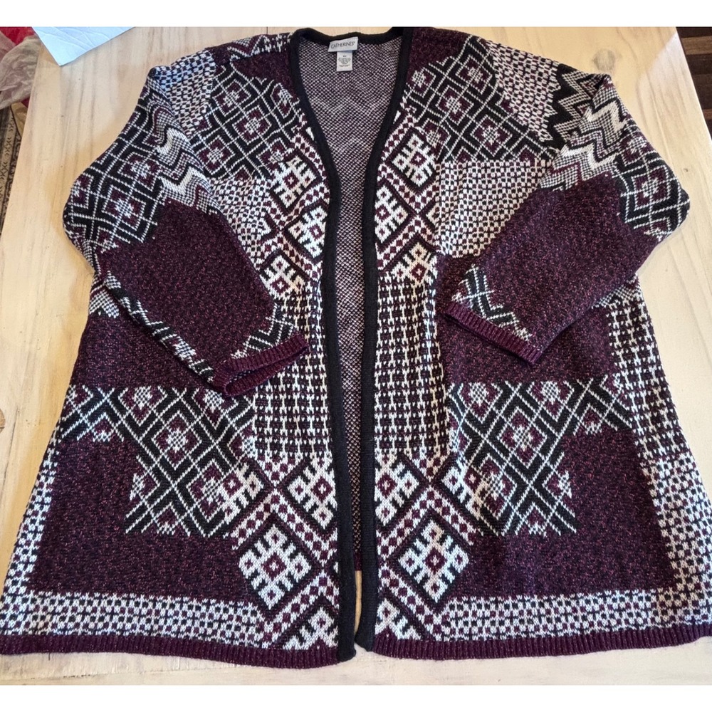 Catherines Womens 3X Cardigan Burgundy Geometric Metallic Open Front Knit Boho